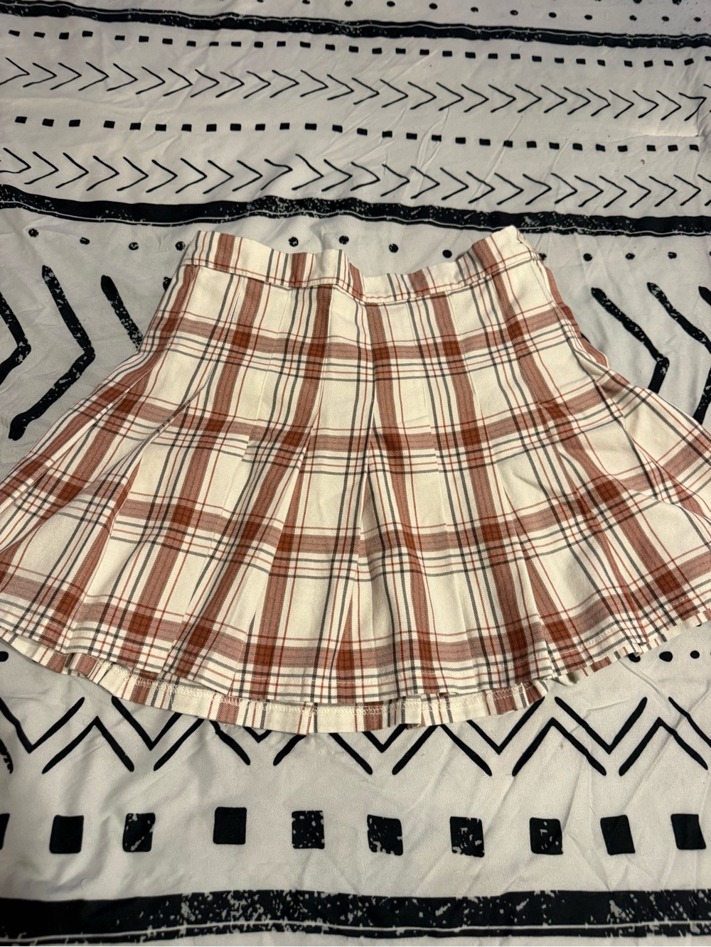 Aerie Cream & Rust Plaid Pleated Skirt